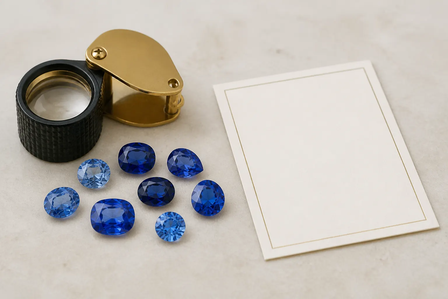 Loose blue sapphires beside a jeweler loupe and blank report card