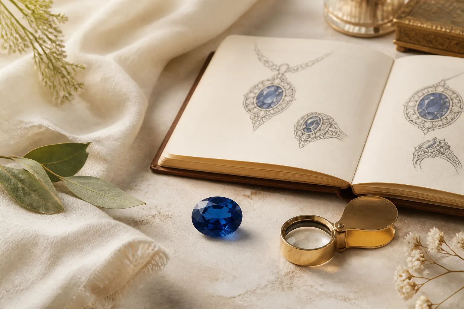 An oval blue sapphire beside jewelry sketches and a jeweler loupe