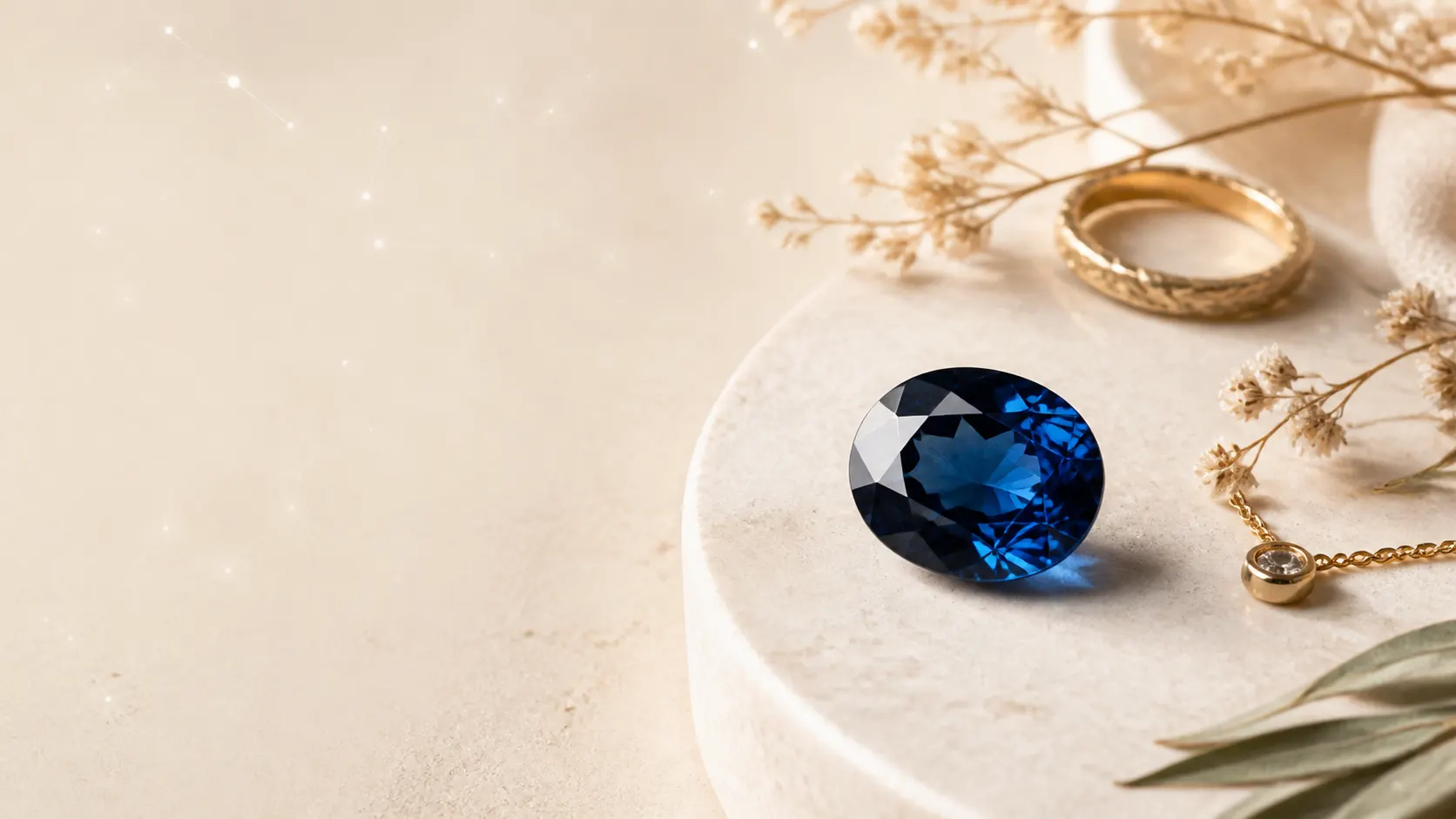 Deep blue oval sapphire on a warm stone surface with delicate gold jewelry